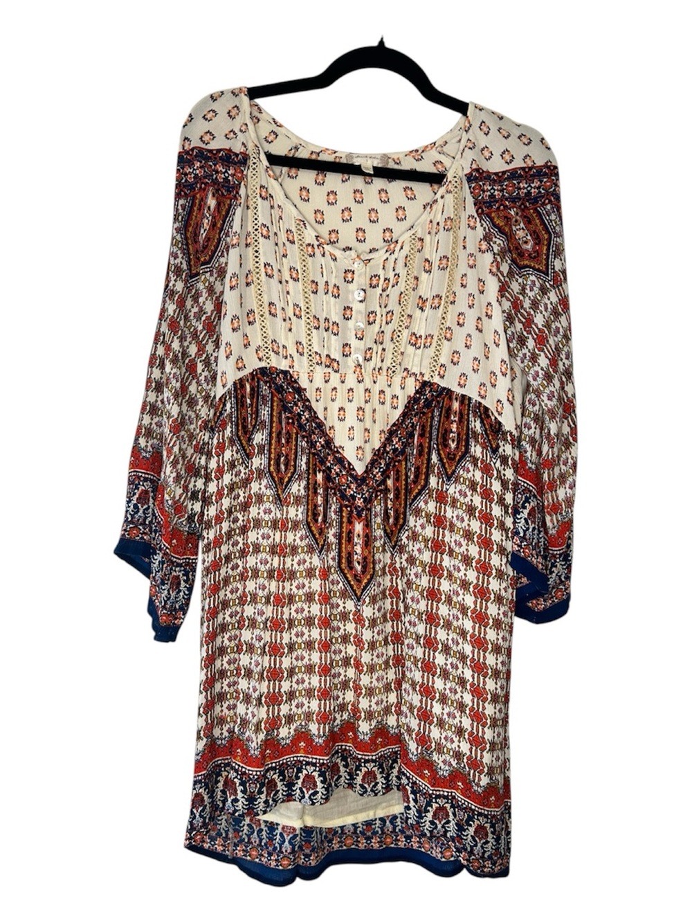 Altar'd State Cream Navy and Rust Patterned Boho Tunic mini dress crinkled. S